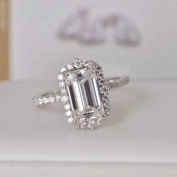 GRA Certified Emerald Cut Moissanite Ring 8.35ct Full Eternity Engagement - Picture 3 of 9